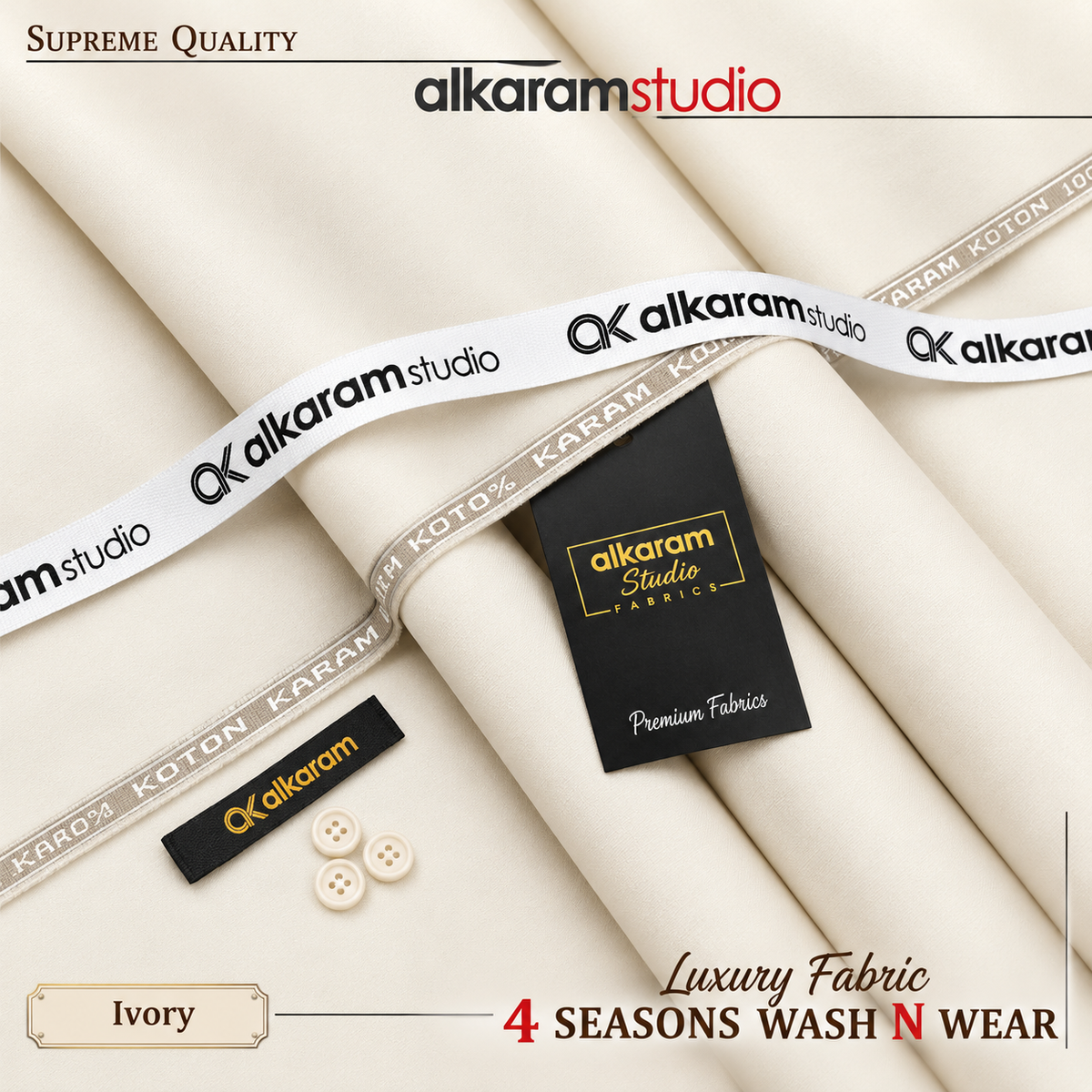 Alkaram Studio Men's Unstitched Ivory Color Wash n Wear Fabric for Shalwar Kameez